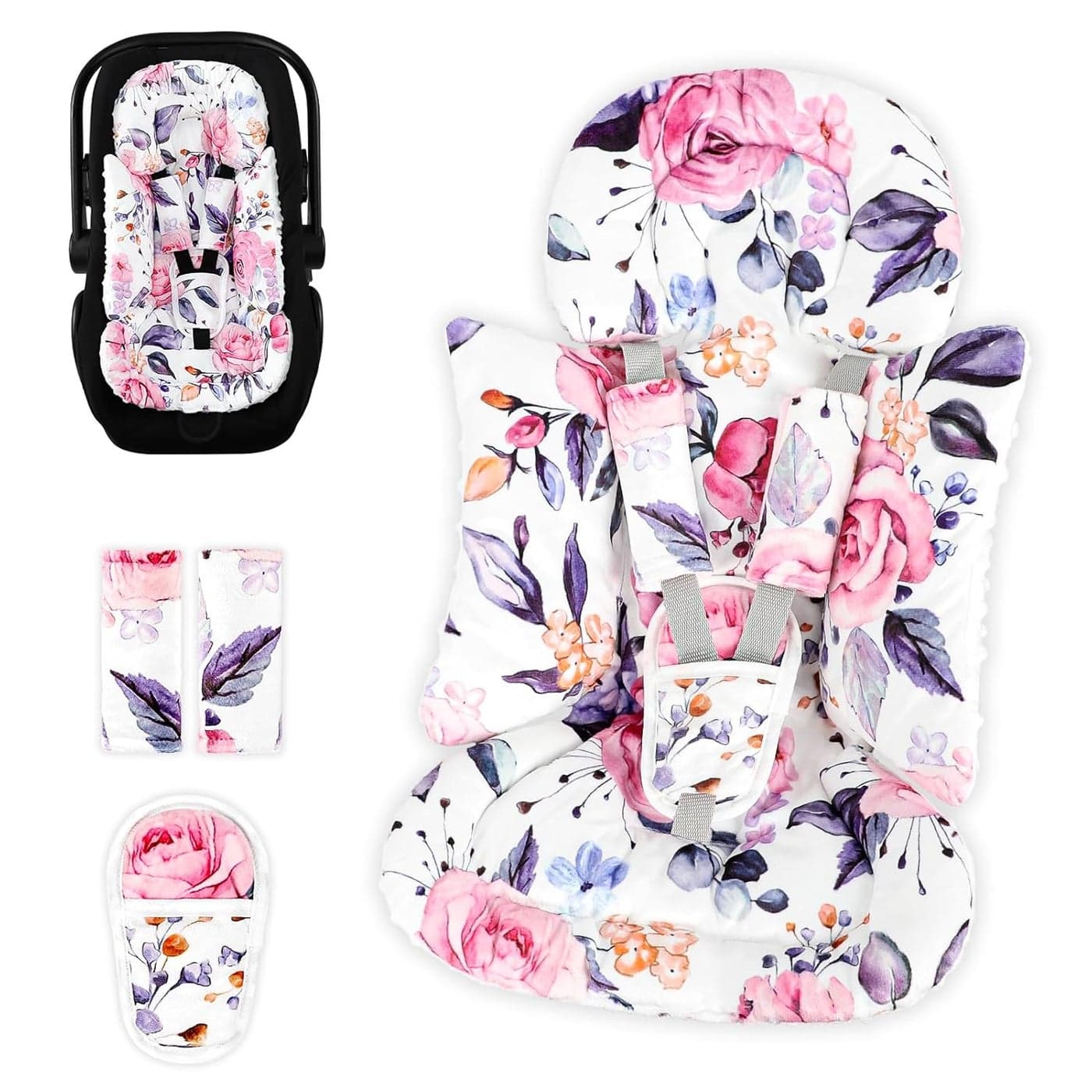 Pea Pod Infant Car Seat Insert with 3 Strap Covers 3 in 1 Reversible Floral Baby Car Seat Head Support for Newborn 3D Soft Minky Carseat Cushion for Preemie to Infant Stroller Swing Bouncer