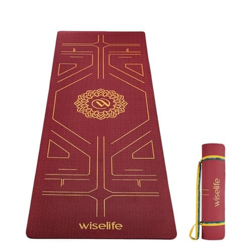 Wiselife True Body Alignment Yoga Mat + Sleek Yoga Strap For Men And Women | Non-Slip Textured Extra Wide & Thick | Pro Balance Eco Tpe Exercise Mat For Home, Pilates, Gym & Fitness (6MM, Wine)