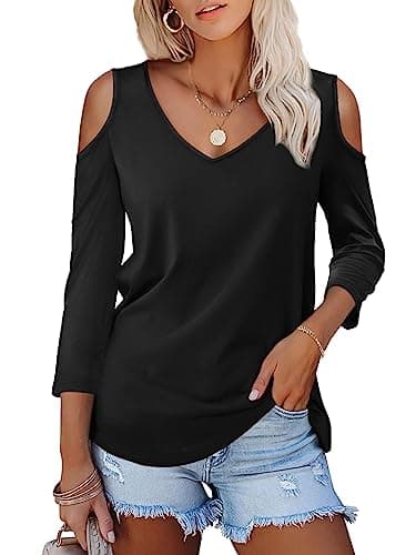 Amoretu Womens Casual Cold Shoulder Tops 3/4 Sleeves Blouses Tee Shirts Black S