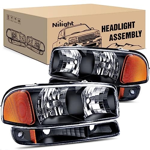 Nilight Headlight Assembly Compatible for 1999 2000 2001 2002 2003 2004 2005 2006 GMC Sierra Yukon Black Housing Amber Corner Clear Lens Headlights Assembly Replacement