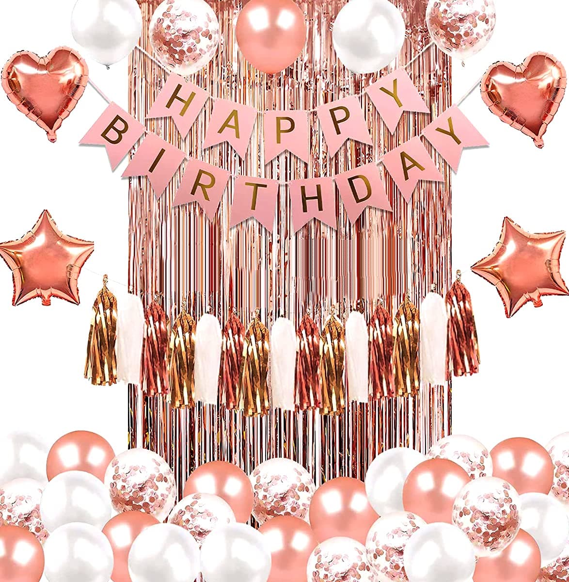 AMFIN® Happy Birthday Banner Pink/Rose Gold Confetti Balloons, White Balloons, Rose Gold Balloons/Tassels/Rose Gold Foil Fringe Curtains For Girl Birthday Supplies