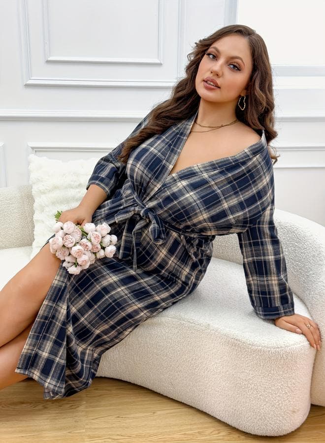 Plus Size Plaid Robe with Tie-Belt