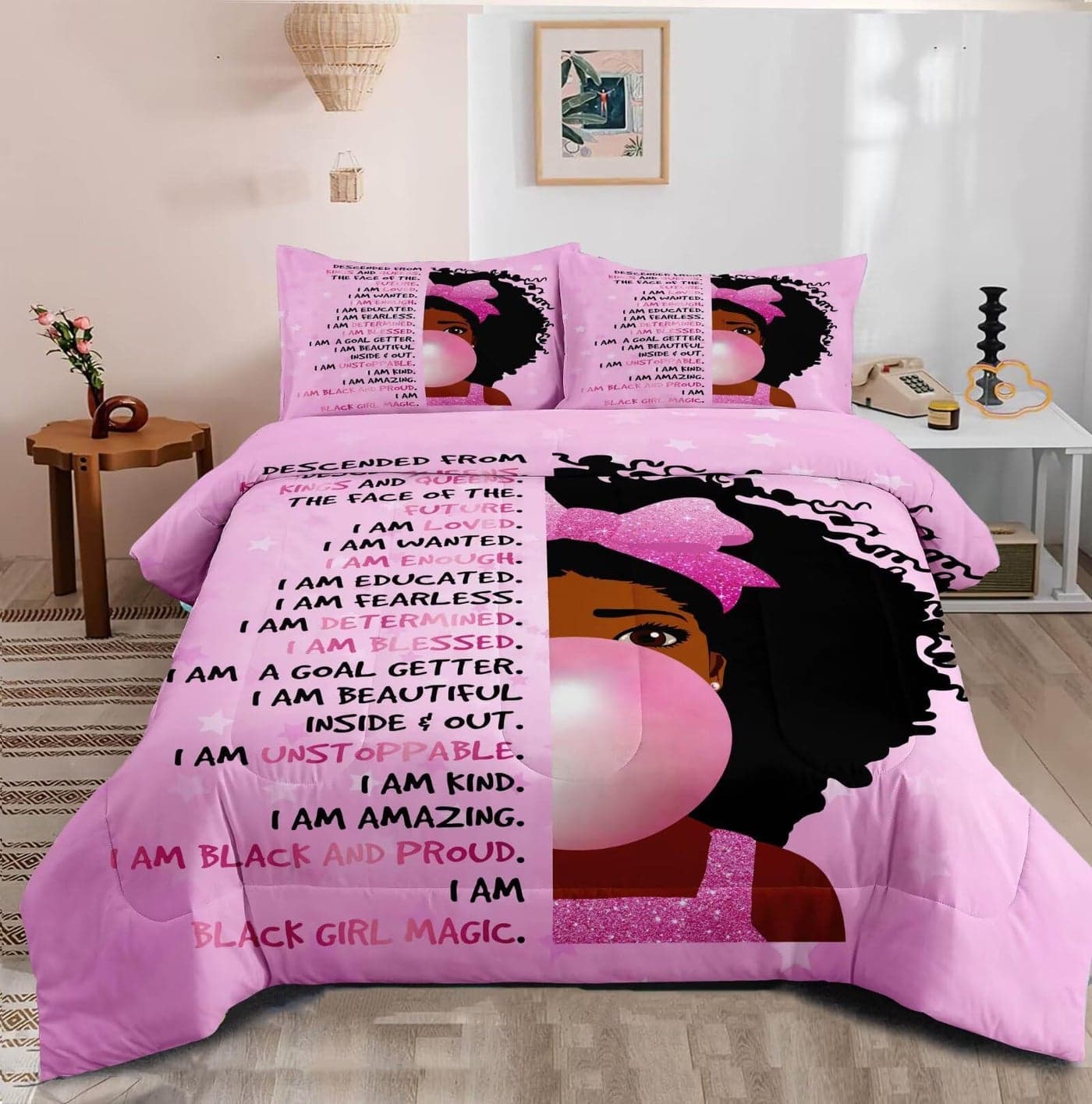 GRAT TIOC Black Girl Bubble Gum Comforter Twin for Kids TeensBlack Girl Magic Bedding SetAfrican American Inspirational Bed Comforter SetPrincess Bedroom Set