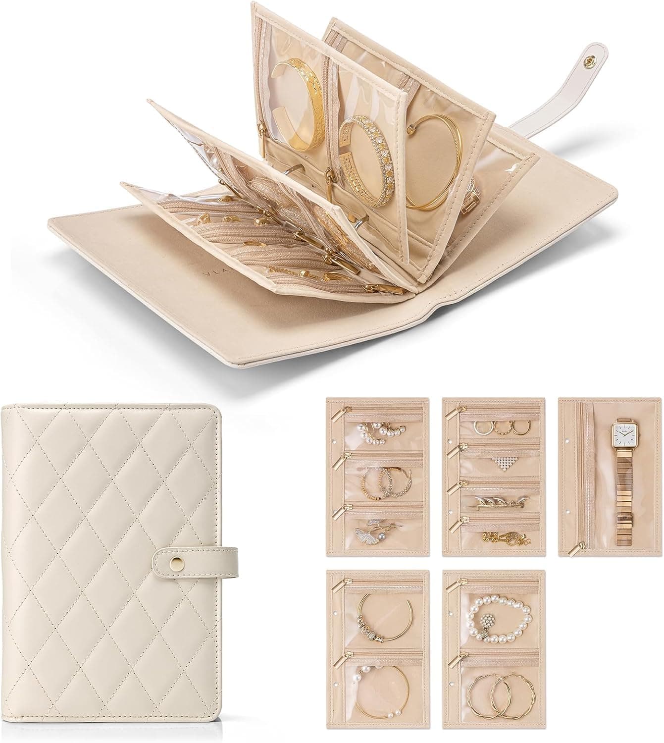 Zollyss Travel Jewellery Organisers Box – Quilted Velvet Jewellery Organisers Pouch with Clear Zipper Velvet Pouches for Rings, Necklaces & Earrings (Cream White)