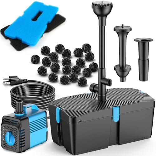 FEOXSHAL Pond Filter with Fountain Pump Kits, 50W 660GPH Pond Pump and Filter Kit with Submersible Water Pump Flow Ajustable for Outdoor Ponds Koi Pond Garden Fish Tank Water Features