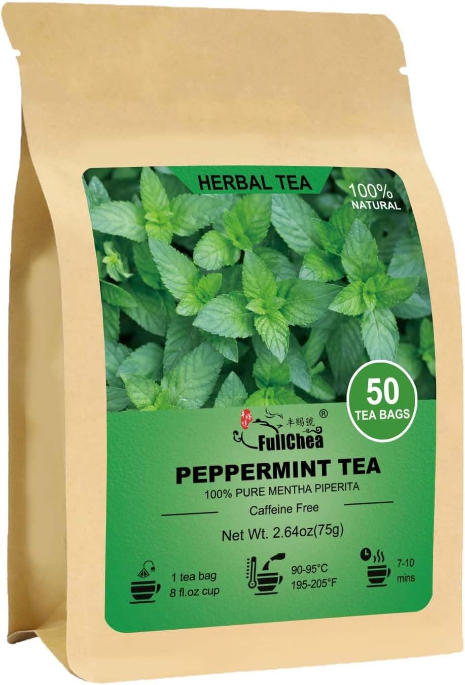 FullChea Peppermint Tea Bags - 50 Count - Caffeine-Free Herbal Tea for Refreshing Flavor and Digestive Aid