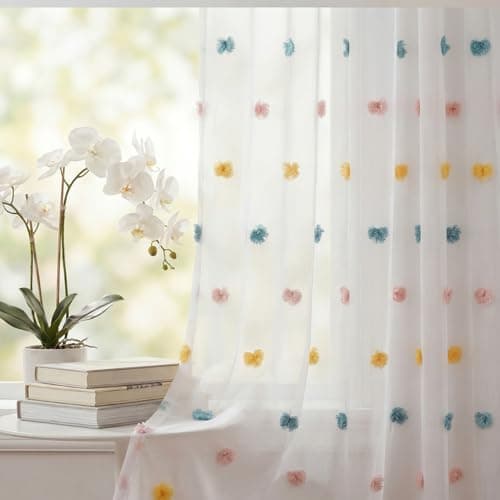 Horaldaily White Sheer Curtains for Girl Bedroom Living Room, Boho Drapes Farmhouse Pink Blue Spring Summer Pom Pom Curtains Light Filtering Sheer Nursery Kids, 52" W x 84" L, Set of 2 Curtain Panels