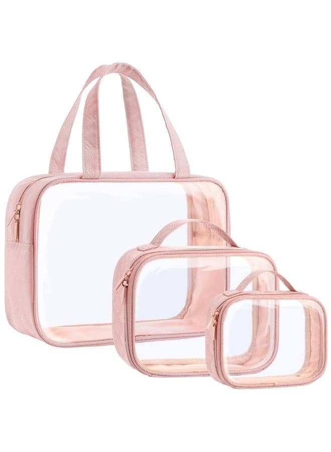 Clear Toiletry Bags, 3 Pack Clear Makeup Bags with Handle Large Opening, Waterproof Clear Cosmetic Bags Fit Carry-on Travel Essentials, Travel Accessories Clear Travel Bags, Pink