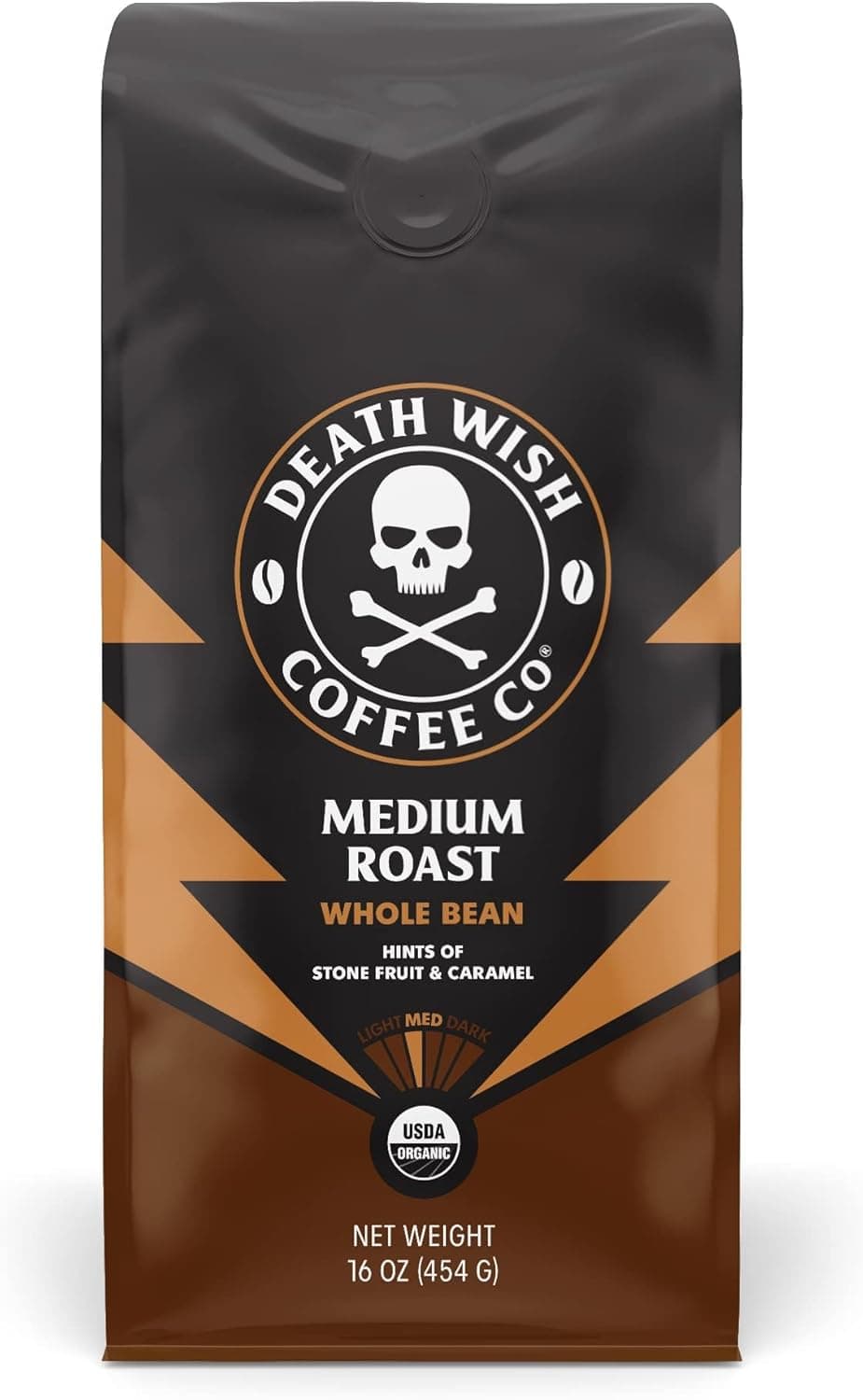 Death Wish Coffee Co. Organic Medium Roast Whole Bean Coffee, 16 oz - Bold Flavor with Hints of Caramel and Stone Fruit