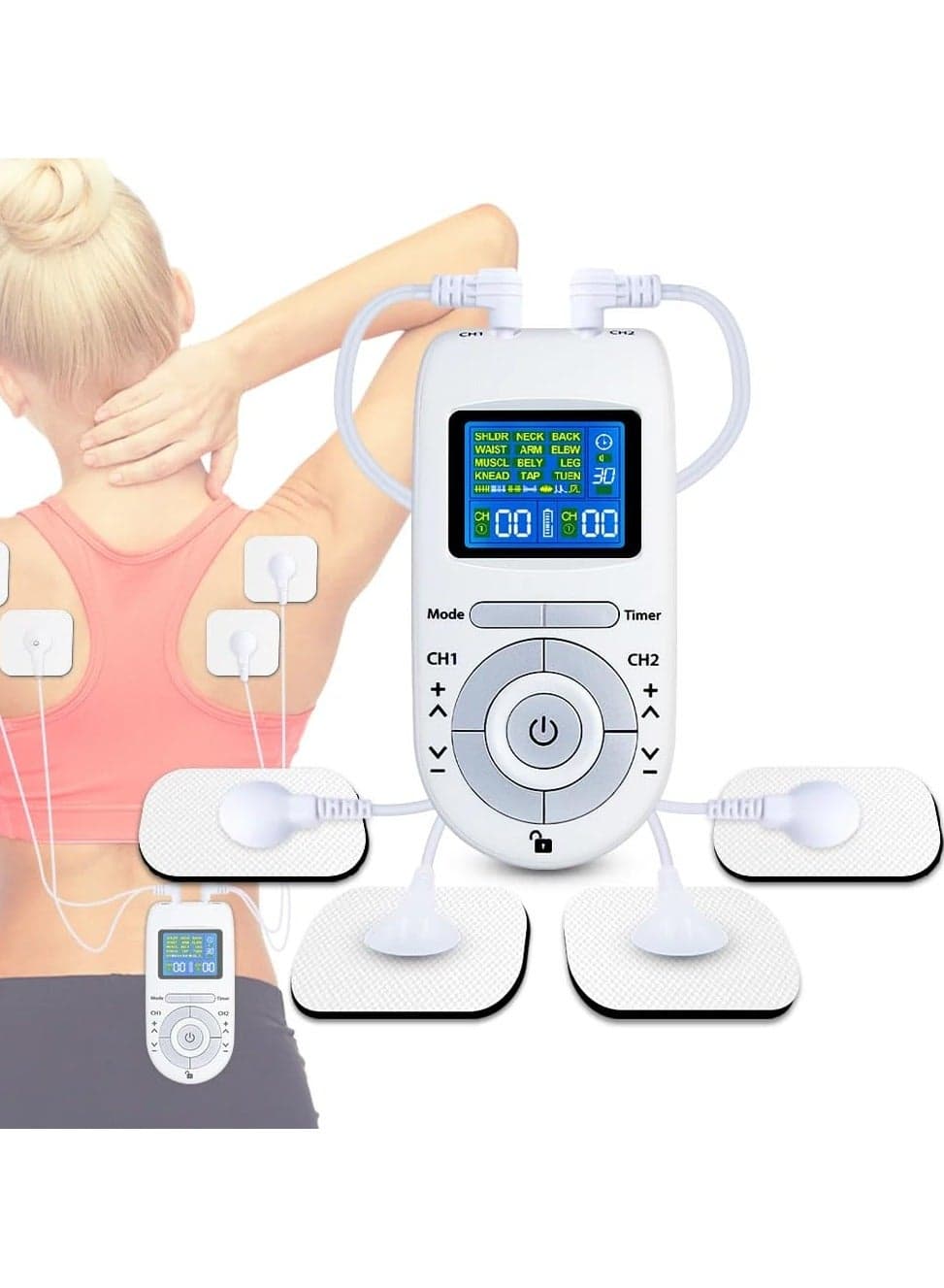 Dual Channel TENS EMS Muscle Stimulator with 12 Modes, 40 Intensity Levels, 4 Electrode Pads, Portable Massage Device for Home Office Travel