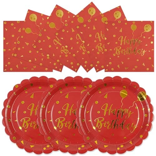 HFBOBP 50PCS Happy Birthday Paper Plates and Napkins Party Decorations - 7 Inch Scalloped Red and Gold Dessert Plates and 6.5 Inch Napkins Disposable Tableware Set Birthday Party Supplies, Serves 25