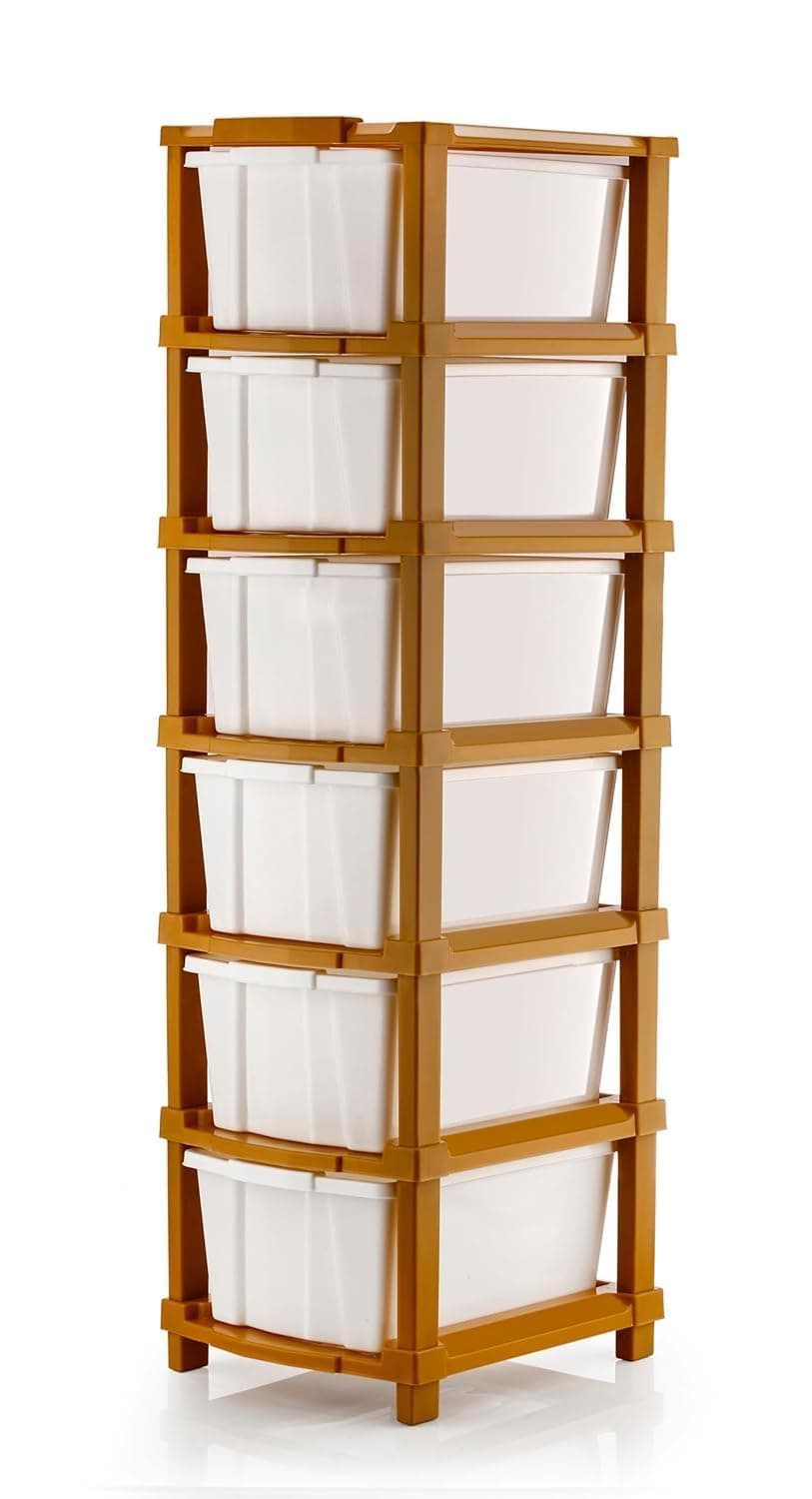 6XL Plastic Modular Drawer System for Home, Office, Hospital, Parlor, School, Doctors, Home and Kids, Product Dimension When assembeled (27cmx35cmx105 cm) (WHITE & BROWN, 6XL)