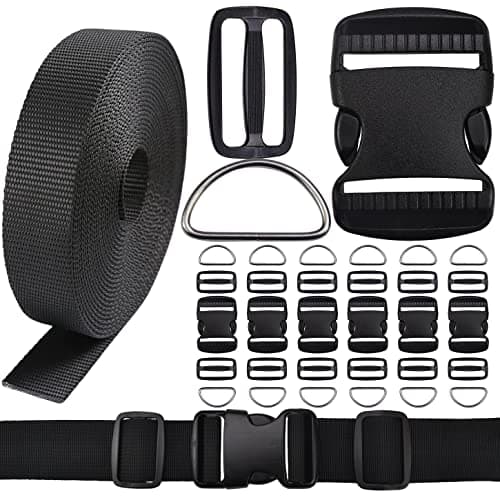 CooBigo 6 Yards Nylon Webbing Strap 6 Pcs Quick Side Release Plastic Buckle 12pcs Tri-glide Slide Clip D Rings (2 Inch set)