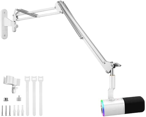 White Mic Wall Mount HolderMicrophone Boom Arm Wall Stand compatible with Shure Rode Logitech Blue YetiRazerHyperX Mic for Broadcasting PodcastsStreaming and Gaming