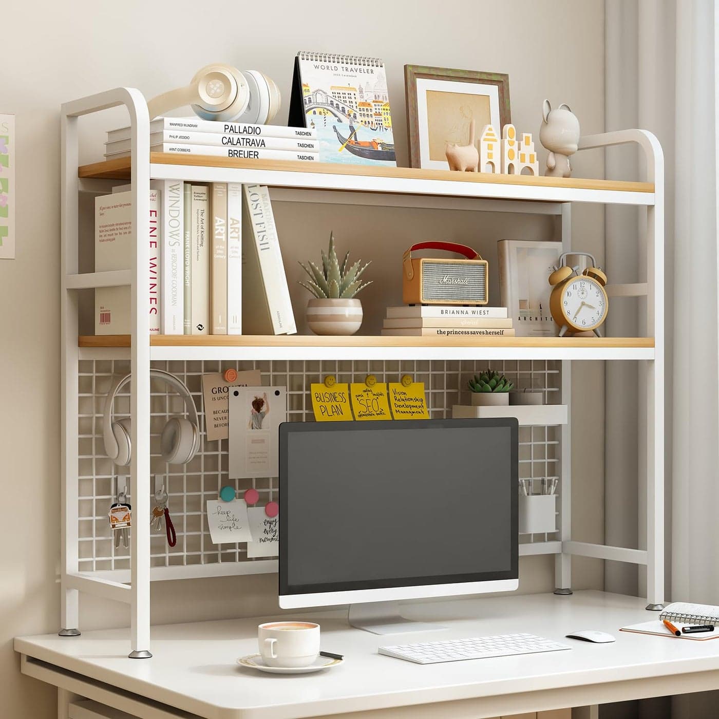 IOTXY 2Tier Desktop Hutch Bookshelf Metal Desk Shelf Bookcase with Grid Panel Countertop Storage Organizer Rack for Dorm or Office White 453 W
