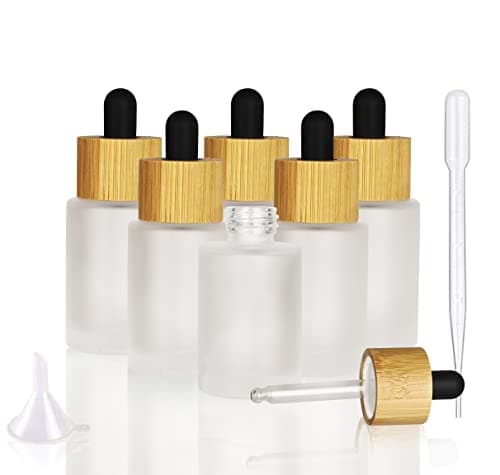 COSIDEA 6 PCS empty 30ml 1oz Frosted glass bottles with wood bamboo dropper lids for serum and essential oil DIY cosmetics oils containers travel perfume droppers bottle container