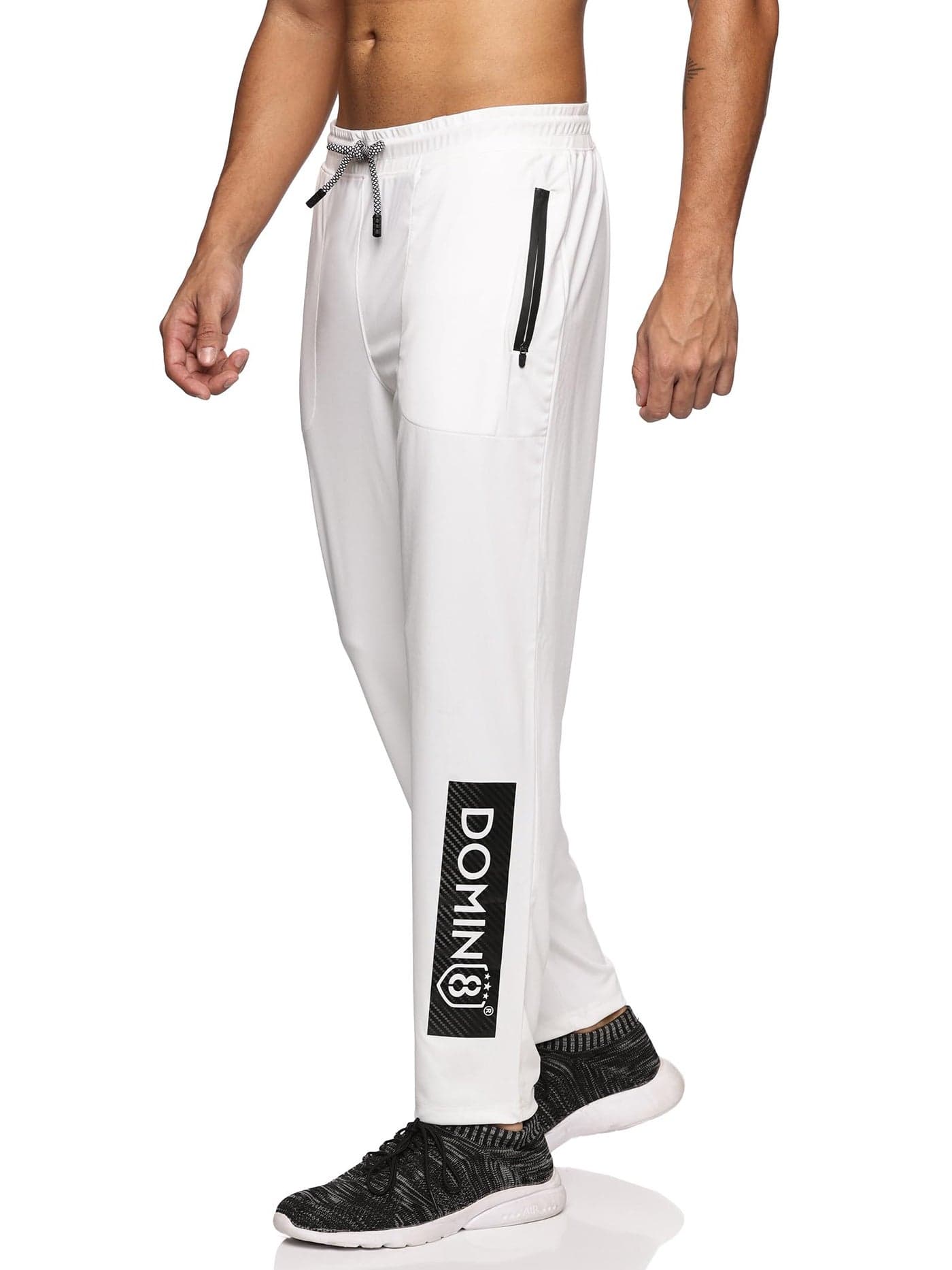 DOMIN8 Men Low Rise Side Pocket with Zipper Closing & Drawstring Track Pants | Korean Fit Joggers | for Running.Gym Sports Lower | Multipurpose Lower Activewear Trousers White, Large