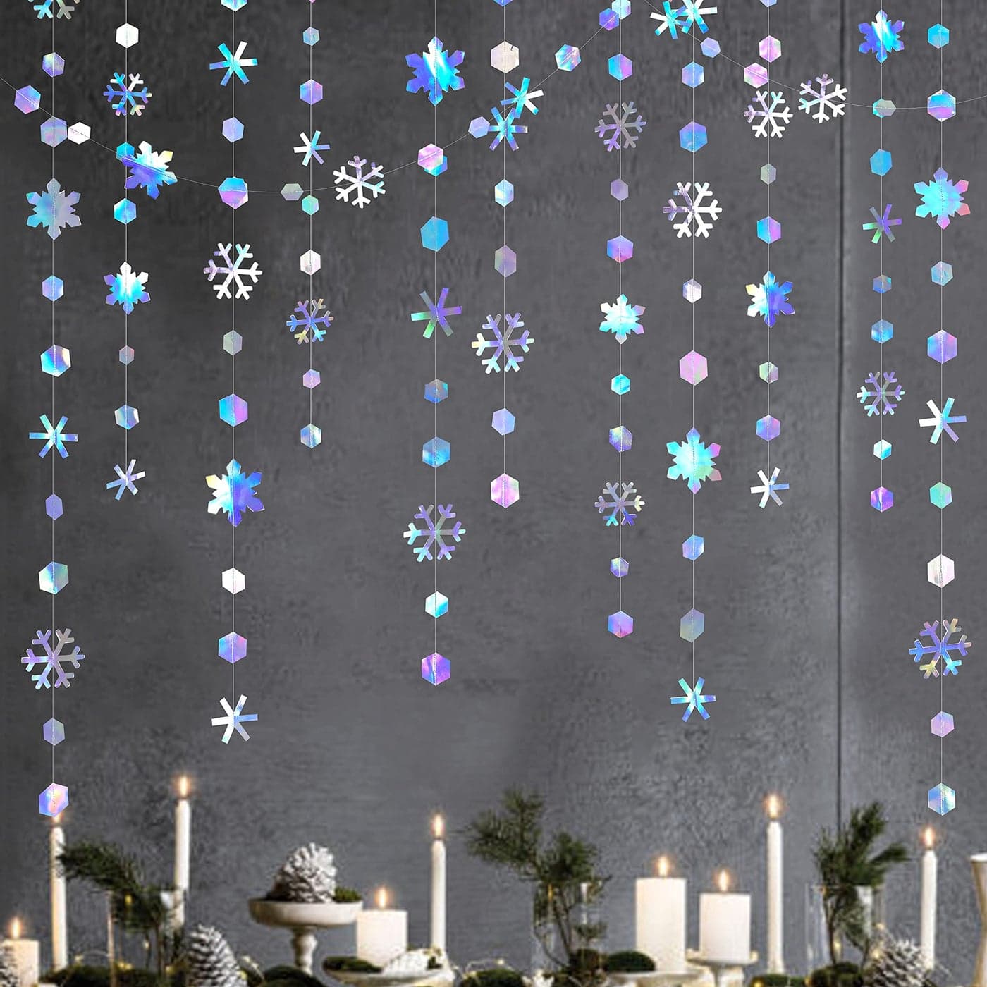 52Ft Iridescent Snowflakes Garland Winter Wonderland Party Decorations Metallic Glitter Paper Snowflakes Streamer for Winter Wonderland Frozen Birthday Wedding Baby Bridal Shower Christmas Decorations