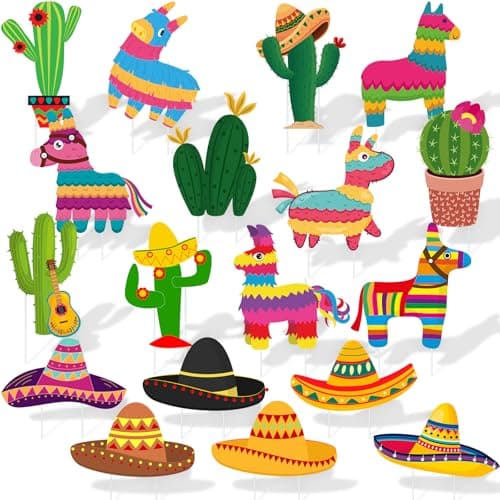 Memorywuu 18pcs Mexican Yard Signs Stakes Cinco De Mayo Cactus Tiki Piñata Sombrero Let's Fiesta Tropical Lawn Decor for Outdoor Garden Ornaments Mexican Western Cowboy Party