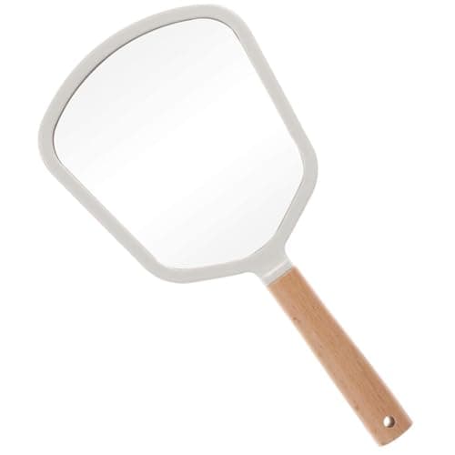 WE-CEF Handheld Makeup Mirror with Handle, Small Cute Wooden Shaving Mirror with Single Side Hanging Hole, Travel Portable for Men Women (Fan, White Pack of 1)