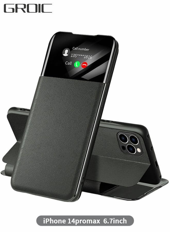 For iPhone14 Pro Max 6.7 Inch Phone Case, Leather Case with Card Holder and Window, Magnetic Flip Cover, Half Window Stand Phone Case Black