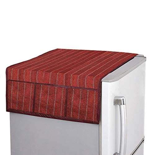 Kuber Industries Lining Design Jute Refrigerator Top Cover with 6 Utility Pockets (Maroon)