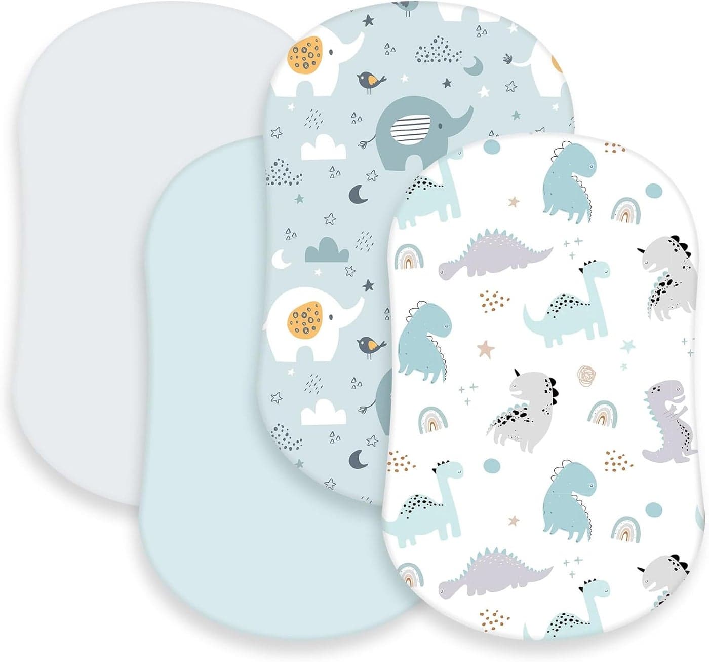 4 Pcs Baby Bassinet Sheets Soft Fitted for Baby Boys Girls Soft Cotton Animals Bassinet Sheet Cover Safe Comfort for Standard Rectangular Mattress Cradle Elephant Dinosaur