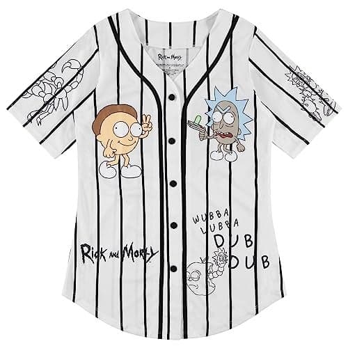 RICK AND MORTY Ladies Jersey Ladies Baseball Jersey - Rick & Morty Mesh Button Down Jersey (White, Small)