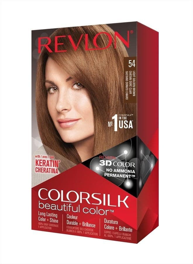 Permanent Hair Color by Revlon, Permanent Hair Dye, Colorsilk with 100% Gray Coverage, Ammonia-Free, Keratin and Amino Acids, 54 Light Golden Brown, 4.4 Oz (Pack of 1)