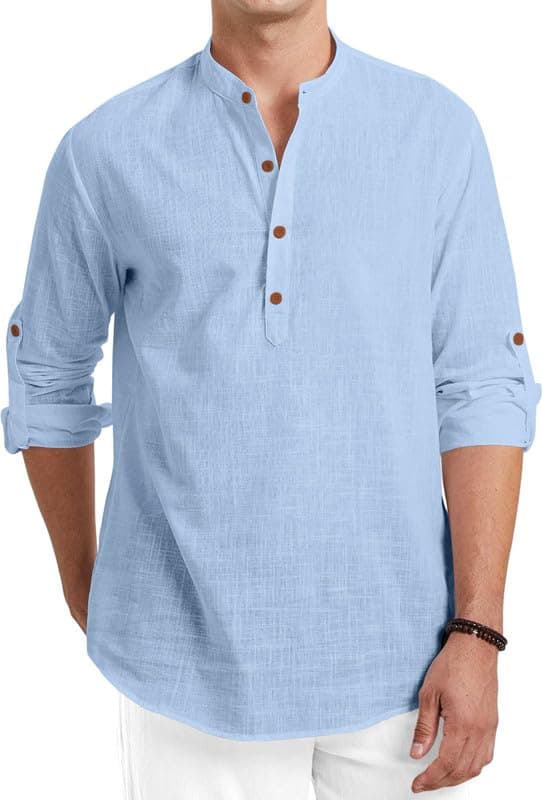 FINIVO FASHION Men's Cotton Polyester Blend Solid Regular Fit Full Sleeve Short Kurta Sky