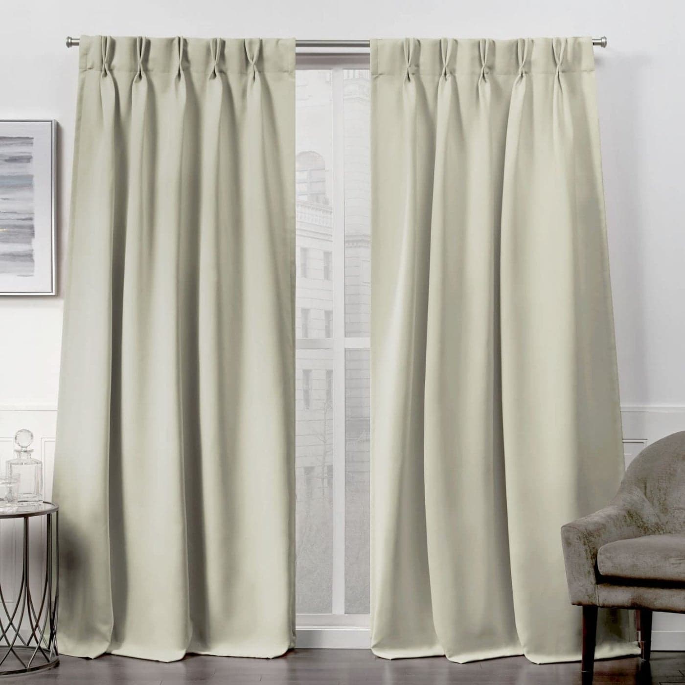 Exclusive Home Sateen Twill Woven Room Darkening Blackout Pinch PleatHidden Tab Top Top Curtain Panel Pair 96 Length Linen