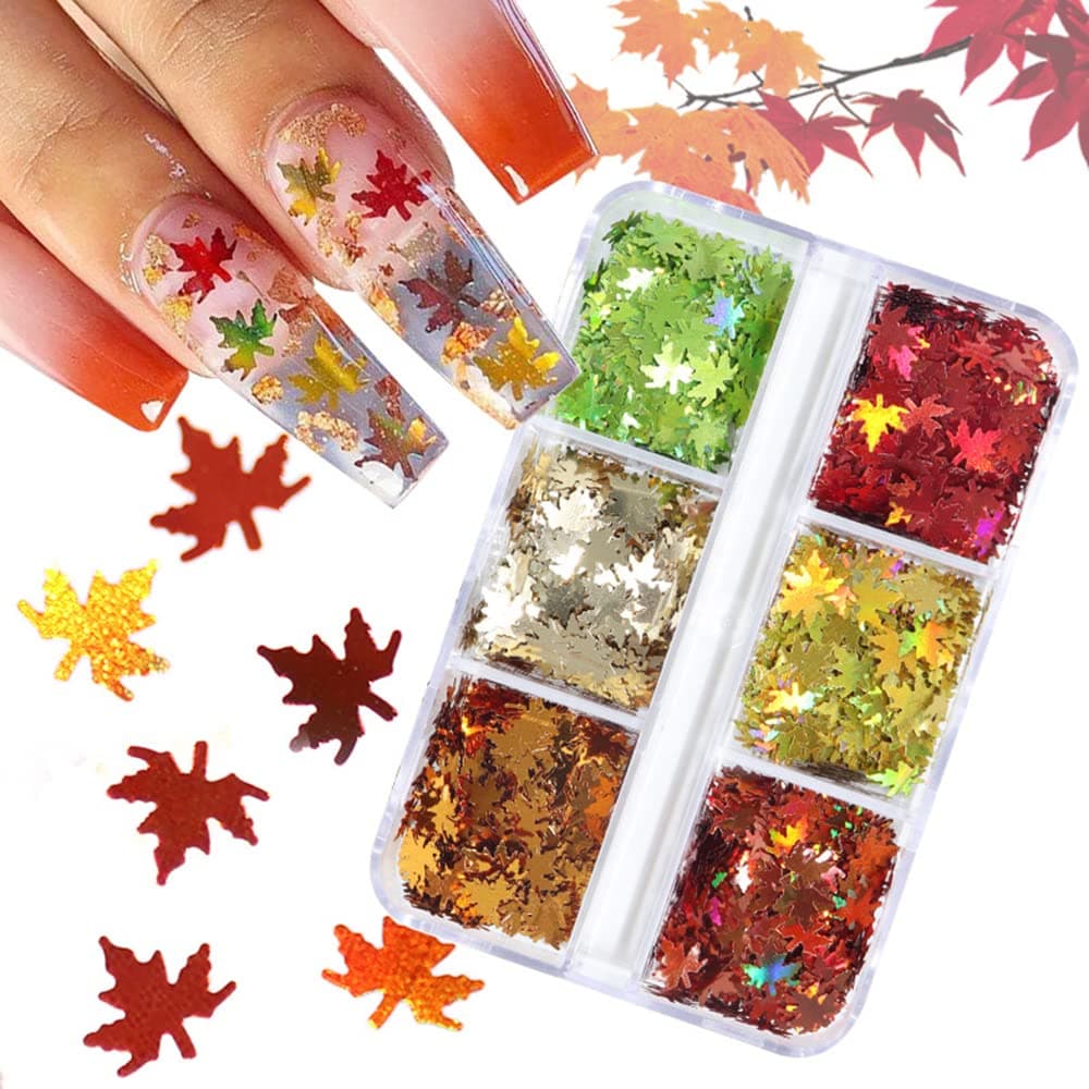 3D Fall Leaves Nail Art Glitter Sequins Laser Sparkly Maple Leaf Nail Glitter Flakes 6 Colors Holographic Autumn Nails Sequins for Nail Art Decorations DIY Crafts
