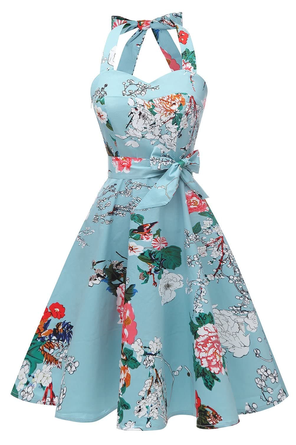 Topdress Women's Vintage Polka Audrey Dress 1950s Halter Retro Cocktail Dress Mint Flower XL