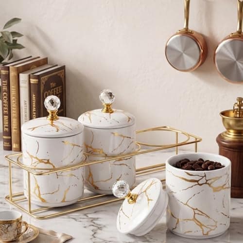 Yiyiring 3 Pcs Ceramic Coffee Canister Set with Lids and Metal Stand, Marble Sugar Coffee Tea Containers, Kitchen Counter Storage Jars for Bar Accessories