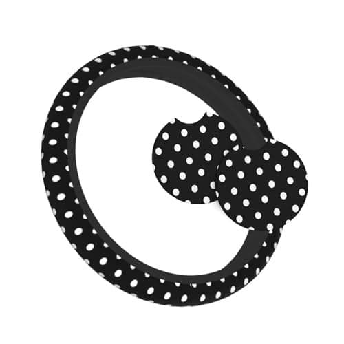 Cute Black White Polka Dots Steering Wheel Cover for Women, Universal Fit 14-15 inch,Automotive Interior Accessories Decorative,with 2 Pack Car Coaster
