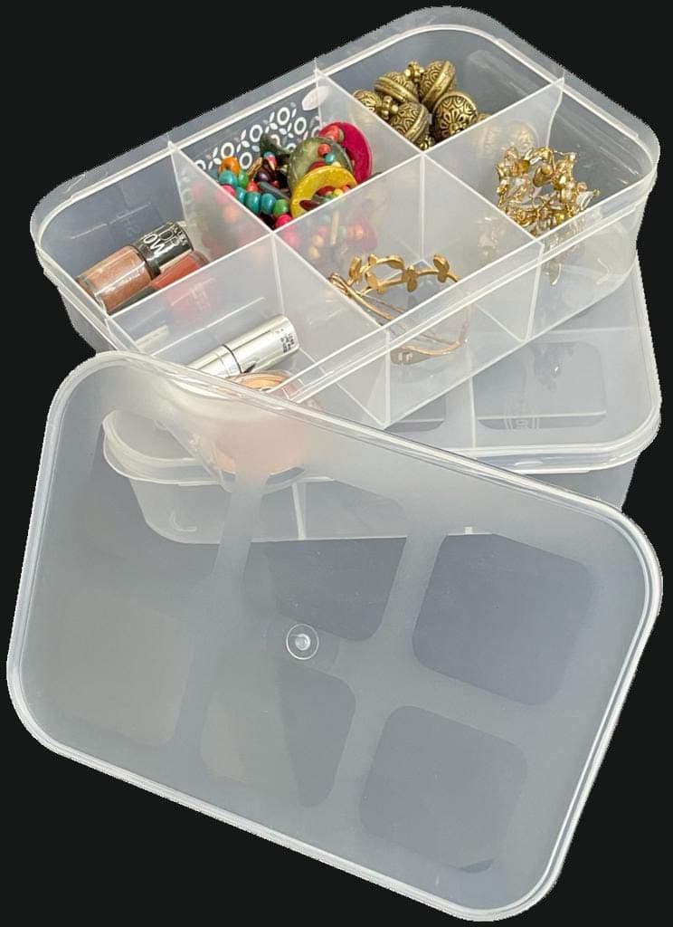 CSM Jewellery Case OrganizerCLICK6B2 Multipurpose Plastic Storage Box with dividers 6 Grids in Big size Transparent Pack of 2 Boxes Big Size