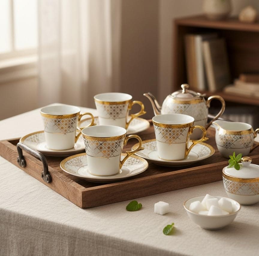 Femora Premium Golden Rajasthani Mandana Design Ceramic Coffee & Tea Cup | 160ml | Set of 4 | Handwash, No Microwave Safe | White