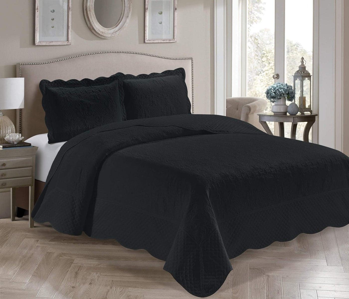 Home Collection 3 Piece KingCalifornia King Over Size Embossed Solid Black Color Coverlet Bedspread New Veronica