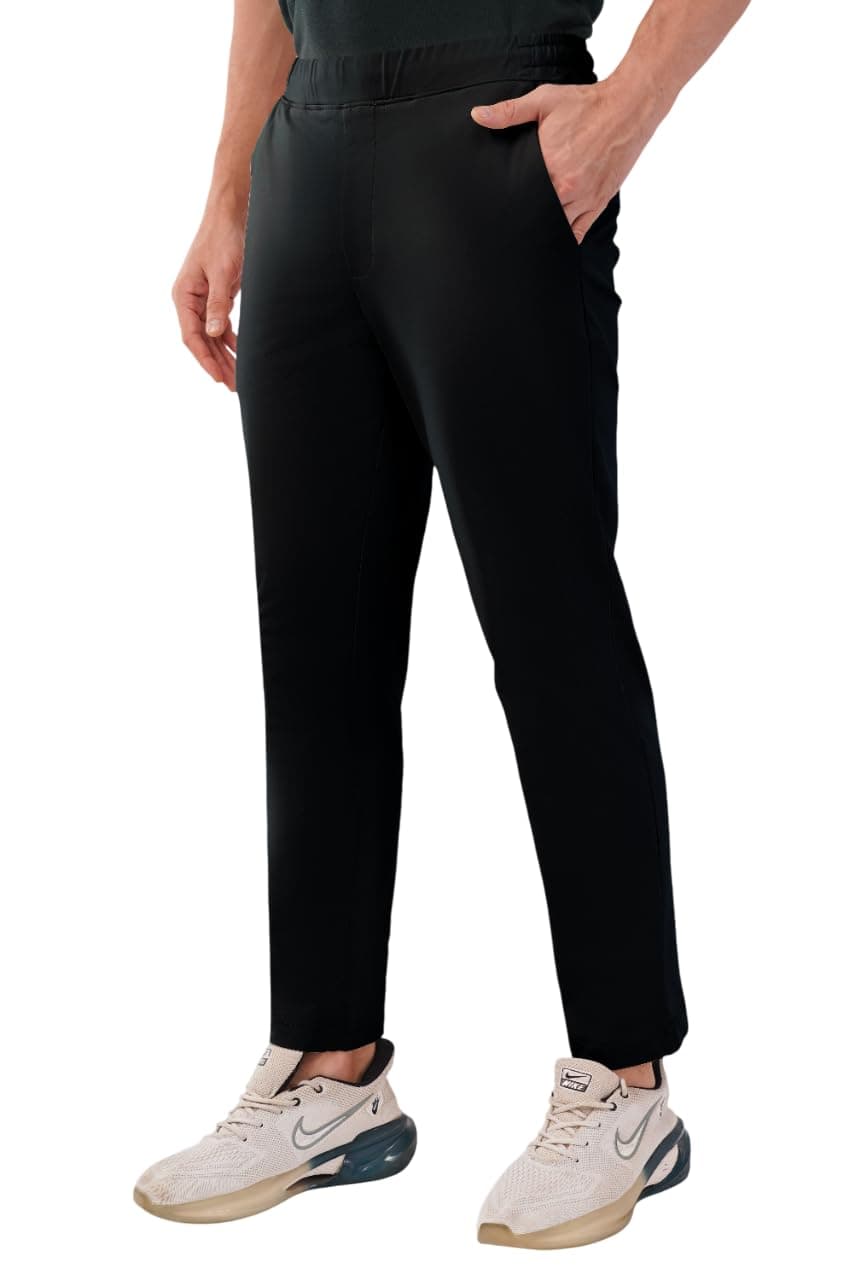 SaintX Men's 4-Way Stretchable Athleisure Pants | Sweat Wicking Fabric | Slim Fit | Sports, Travel, Lounge & Casual Wear | Stylish Back Zipper Pocket | Available in Plus Size (ST06_Black_M)