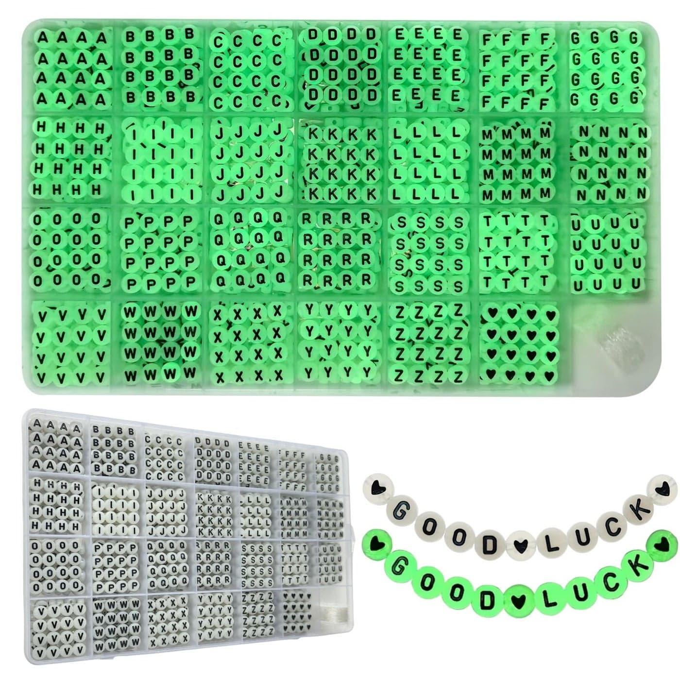Amaney 1400pcs Letter BeadsHeart Beads Glow in The Dark 4x7mm AZ Round Acrylic White Alphabet with Elastic Beading Cord for Jewelry Bracelet Making