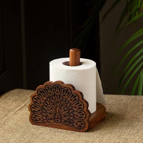 ExclusiveLane 'The Dancing Peacock' Hand Carved Toilet Roll Holder Tissue Holder in Sheesham Wood - Tissue Roll Stand for Bathroom Toilet Tissue Stand Tissue Holders Toilet Paper Roll Holder