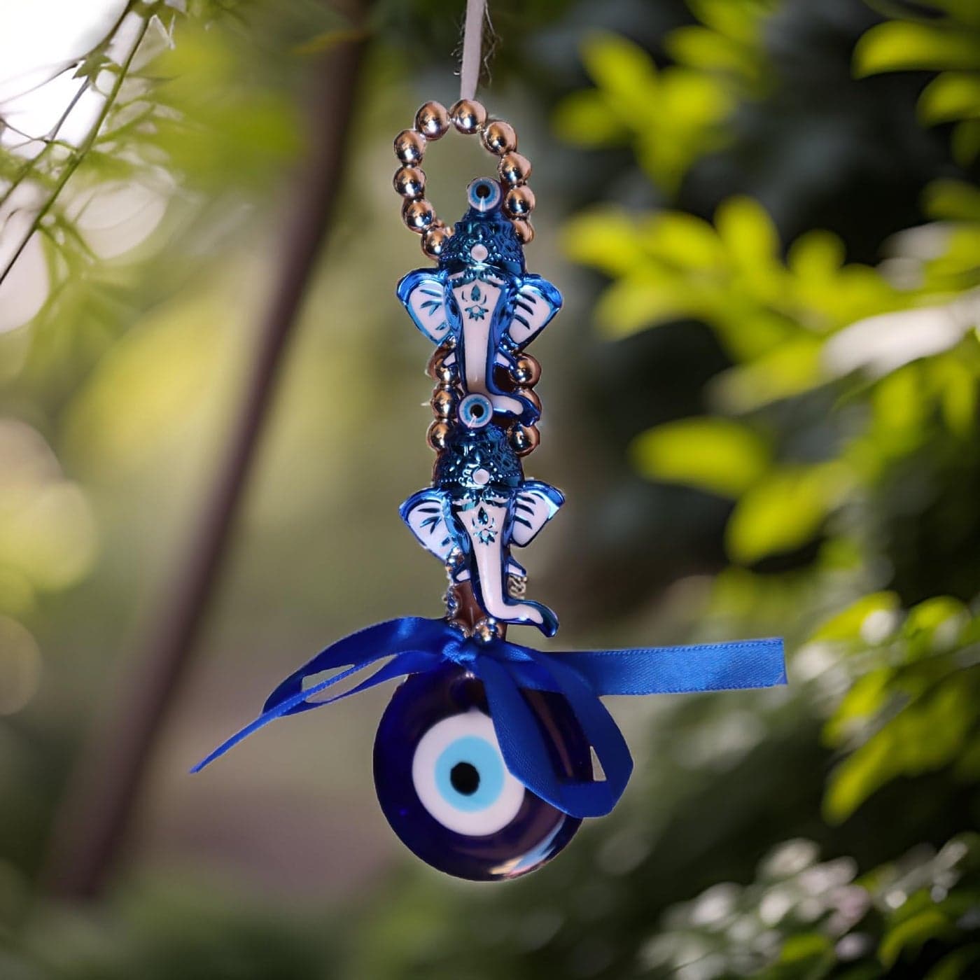 Salvus APP SOLUTIONS Decorative Wall Hanging Elephant with Evil Eye Protector for Car Hanging | Good Luck and Safe Travels | Perfect for Home Decor & Gifting (Blue & Silver_2 x 6.5 inch)