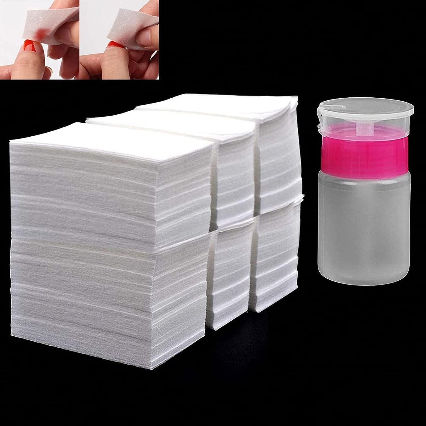 1000 Pcs Lint Free Nail Wipe Pads, Gel Nail Polish Remover Set, with 1 PCS Push Down Pump Dispenser Bottle, for Nail Alcohol Polish Removal, Pure Natural Cotton Fiber, for Home or Salons