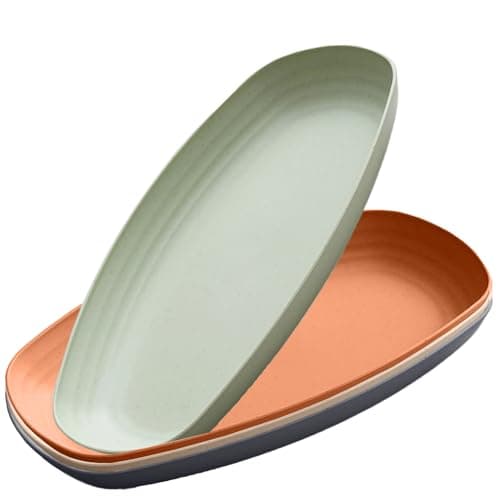 Oicia Wheat Straw Sushi Plate Set, 29cm Rectangular Serving Trays for Sushi, Snacks & Appetizers, Unbreakable BPA Free, Microwave & Dishwasher Safe, Stackable Party Platters, Multicolor Pack of 4