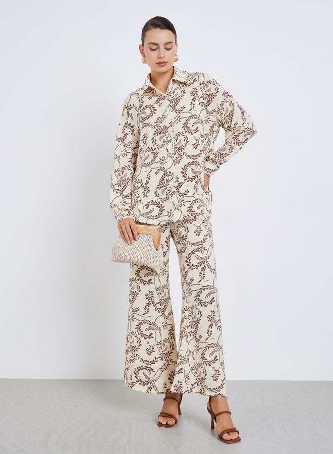 Leaf Print Oversized Shirt And Flared Pants Co-Ords