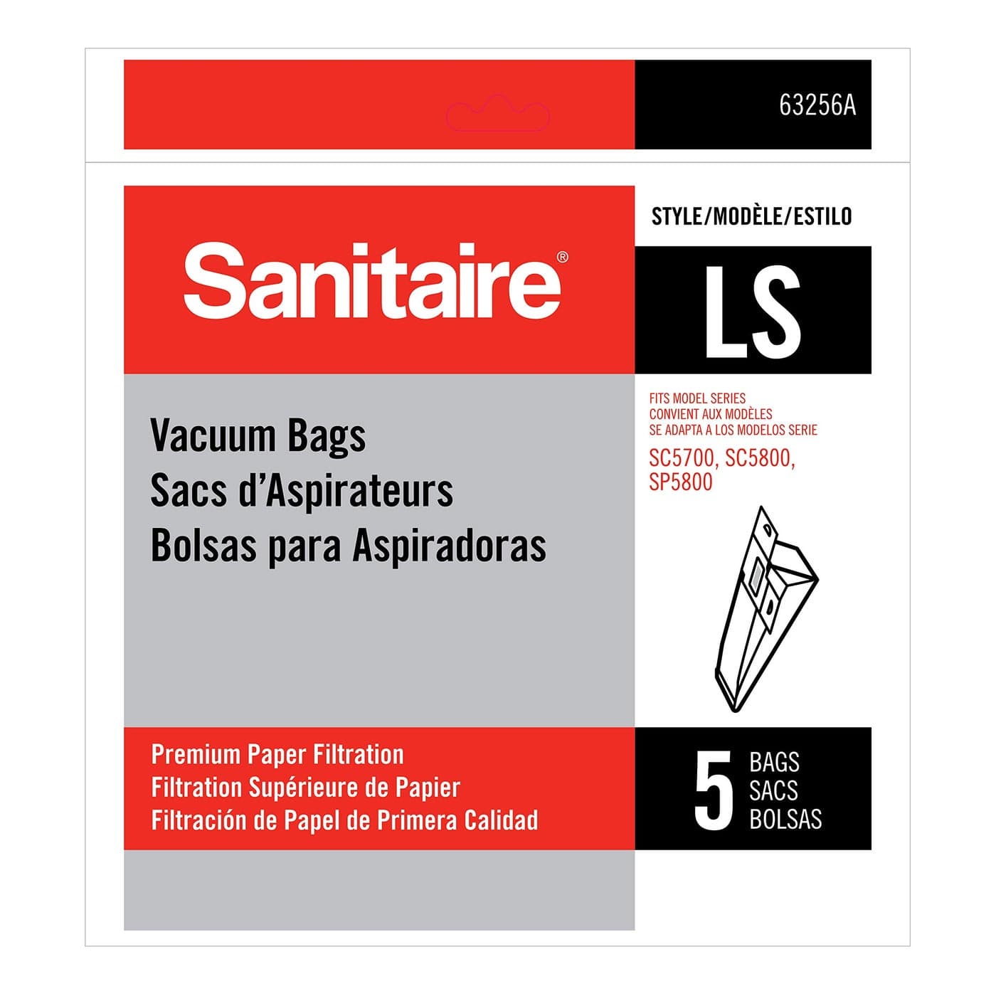 Sanitaire EUK63256A10 LS Premium Paper Bag Pack of 5 Fits Models SC5713 SC5815 SP5816 Series Upright Vacuums 63256A