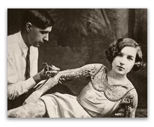 Tattooed Lady Vintage Photograph 11x14 Unframed Print –Bizarre Strange Historic Wall Art, Weird Retro Body Ink Culture Poster, Tattoo Shops, Bars, Man Caves, or Homes Antique Black & White Photo Décor