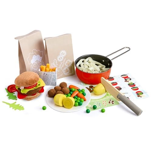 HABA Creative Play Fresh Box Meal Kit Playset Play Food for Kids Kitchen with Wooden and Fabric Ingredients Recipe Cards 80 Toy Kitchen Accessories for 3