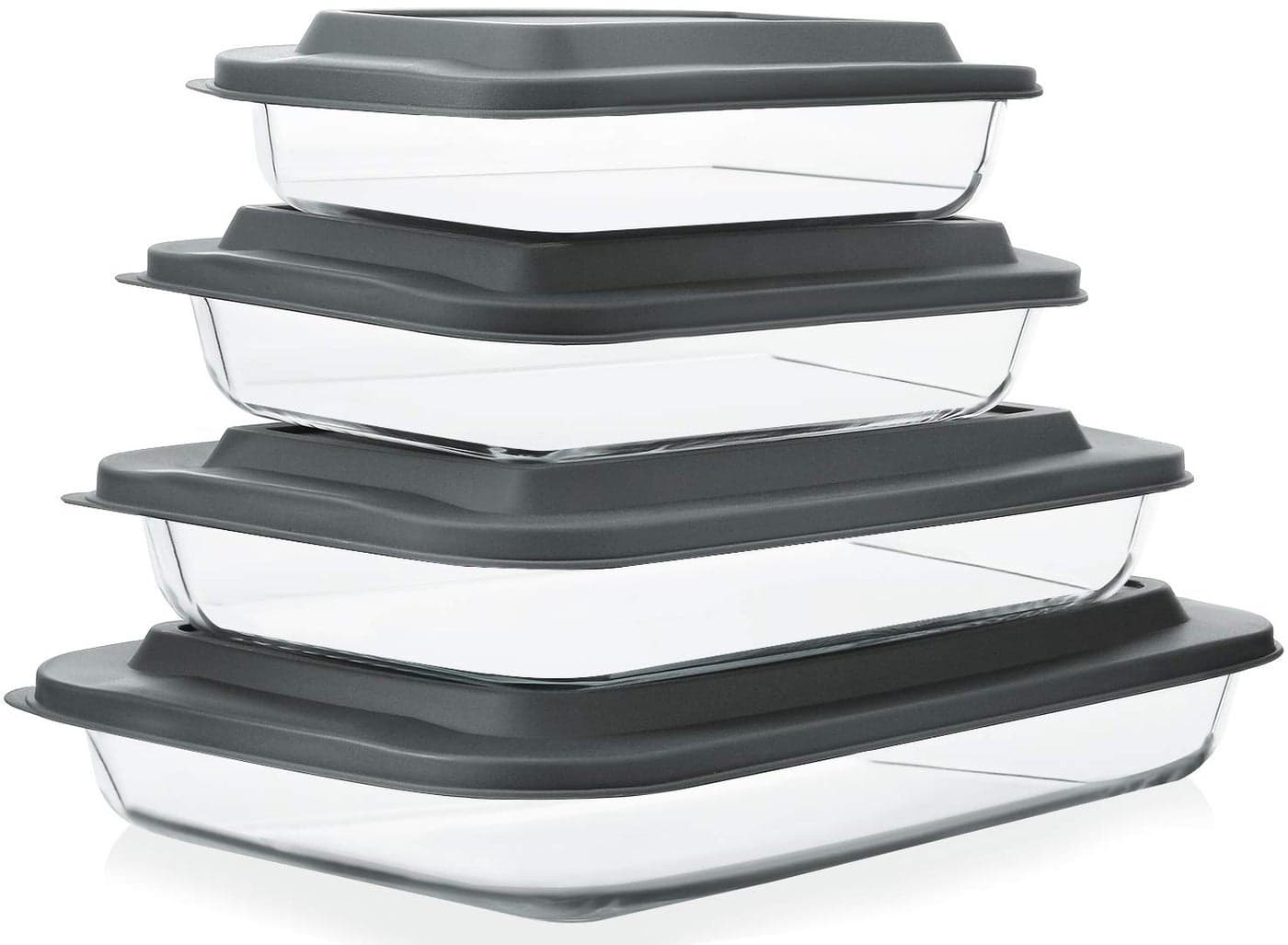 8Piece Deep Glass Baking Dish Set with Plastic lidsRectangular Glass Bakeware Set with Lids Baking Pans for Lasagna Leftovers Cooking Kitchen FreezertoOven and Dishwasher Gray