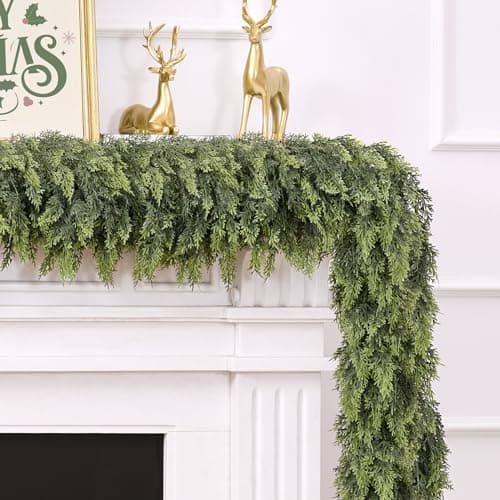 9FT Christmas Cedar Garland for MantleRealistic Faux Greenery GarlandSoft and Thickness Artificial Pine Garlands for Christmas Mantel Table Outdoor Indoor Xmas Holiday Seasonal Decor